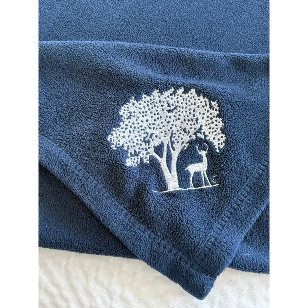 Deer Cabin Lodge Plush Fleece Blanket SZ Double Queen Berkshire Navy Embroidered